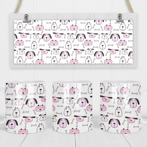 11 & 15 Oz Rosa und Weiß Hunde Kaffeebecher Sublimationsvorlage - Cricut Mug Press Sublimation Wrap - Mug PNG - 300 DPI