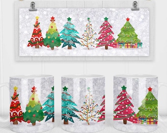 11 オンスと 15 オンスのクリスマス ツリー昇華マグ テンプレート - Cricut マグ プレス昇華ラップ - マグ デザイン PNG - 300 DPI