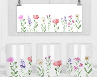11 オンスと 15 オンスのワイルド フラワー昇華テンプレート - Cricut マグ プレス昇華ラップ - マグ PNG - 300 DPI