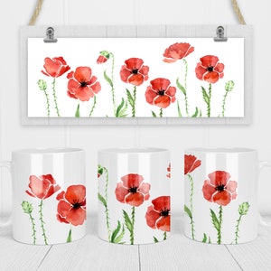 Modelo de sublimação de papoulas aquarela vermelha de 11 e 15 onças - Cricut Mug Press Sublimation Wrap - Caneca PNG - 300 DPI
