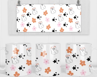 Modello di sublimazione della tazza da caffè dei fantasmi retrò di Halloween da 11 e 15 Oz - Involucro per sublimazione della stampa della tazza Cricut - PNG della tazza - 300