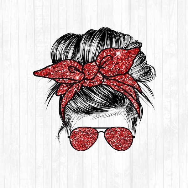 Red Glitter Blank Messy Bun Hair Sublimation Design - Leopard Sunglasses Hairband PNG - Commercial Use Ok - 300 DPI - Add Your Text