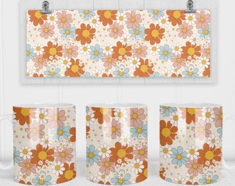 11 & 15 Unzen Retro Blumen Kaffeetasse Sublimation Vorlage - Cricut Tasse Press Sublimation Wrap - Becher Design PNG - 300 DPI