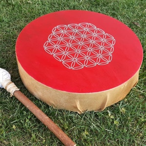 Tamburo Sciamanico - 40 cm - Pelle di capra - Dipinto a mano con Fiore della Vita