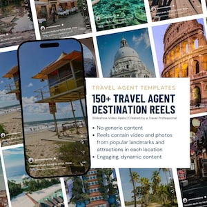 Más de 150 Reels de destinos para agencias de viajes: Plantillas editables de Canva, Reels sin rostro (descarga digital)