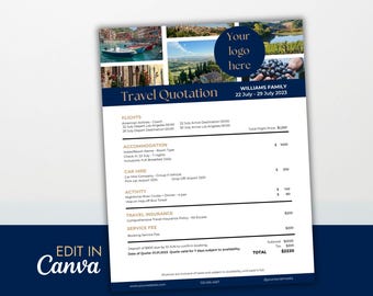 May include: A travel quotation template with a navy blue border and a white background. The document includes sections for flights, accommodation, car hire, activity, travel insurance, and service fees. The text "Travel Quotation" is prominently displayed.