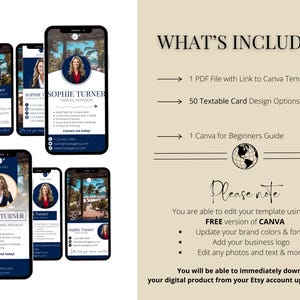 May include: A digital product listing for a travel advisor business card template. The image shows a mockup of the card design with a blue and white color scheme and a photo of a woman. The text on the card includes the words "Sophie Turner, Travel Advisor". The listing also includes a description of the product, which states that it includes 50 textable card design options, a Canva for beginners guide, and a PDF file with a link to the Canva template.