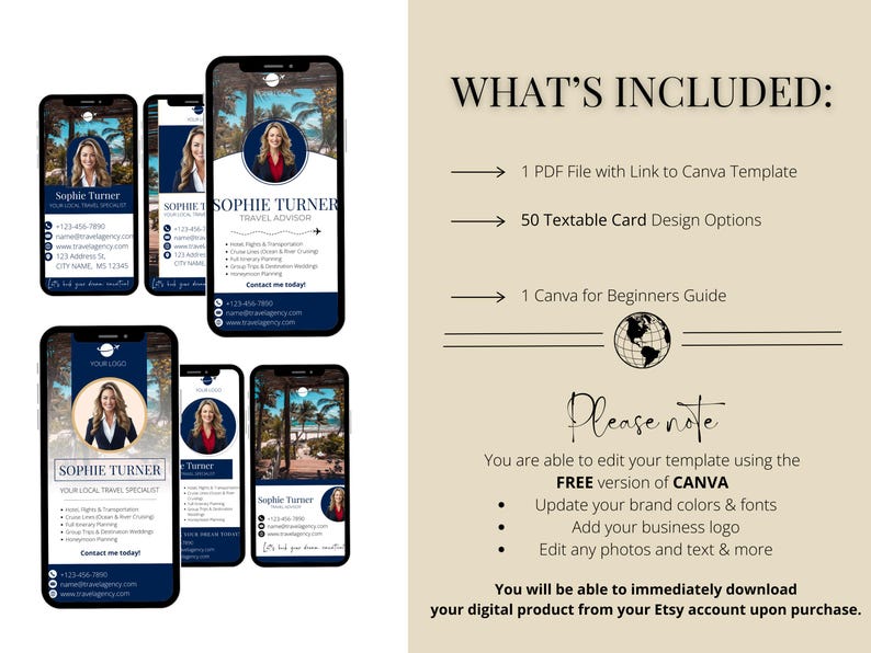 May include: A digital product listing for a travel advisor business card template. The image shows a mockup of the card design with a blue and white color scheme and a photo of a woman. The text on the card includes the words "Sophie Turner, Travel Advisor". The listing also includes a description of the product, which states that it includes 50 textable card design options, a Canva for beginners guide, and a PDF file with a link to the Canva template.