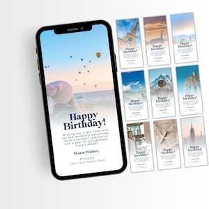May include: A mobile phone shows a birthday message with a hot air balloon scene. Various travel-themed birthday cards are displayed, each with a different scenic background and the text "Happy Birthday!"