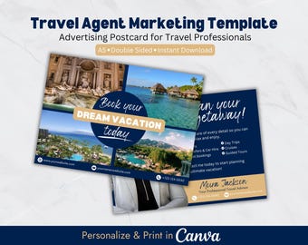 May include: A blue and gold postcard template for travel agents. The front of the postcard features images of tropical destinations and the text "Book your DREAM VACATION today". The back of the postcard has the text "Plan your getaway!" and lists travel services offered. The text "Personalize & Print in Canva" is at the bottom of the postcard.