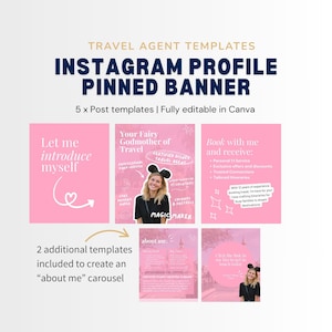 May include: Pink Instagram profile pinned banner templates for travel agents. The banner includes 5 post templates, fully editable in Canva. The banner includes the text "Let me introduce myself", "Your Fairy Godmother of Travel", and "Book with me and receive".