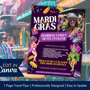 マルディグラ旅行チラシテンプレート | 旅行代理店向けマーケティングチラシ | ニューオーリンズの広告 | マルディグラ 2025 デジタルダウンロード | Canva
