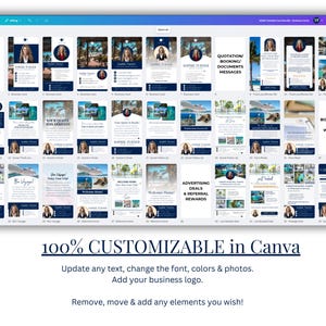 May include: A collection of 36 customizable Canva templates featuring a tropical theme with blue and white color scheme. The templates include various layouts for business cards, quotes, advertising deals, and more. The text "100% CUSTOMIZABLE in Canva" is displayed at the bottom of the image.
