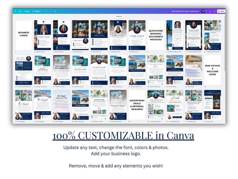 May include: A collection of 36 customizable Canva templates featuring a tropical theme with blue and white color scheme. The templates include various layouts for business cards, quotes, advertising deals, and more. The text "100% CUSTOMIZABLE in Canva" is displayed at the bottom of the image.