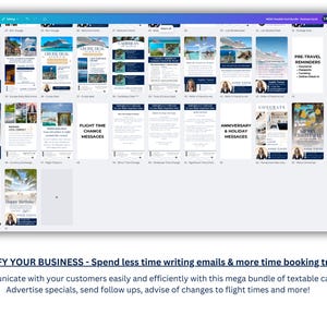 May include: A screenshot of a computer screen showing a collection of colorful, pre-designed email templates for travel businesses. The templates feature images of tropical destinations, cruise ships, and holiday greetings. The text on the screen reads "Simplify Your Business - Spend less time writing emails & more time booking travel!" and "Communicate with your customers easily and efficiently with this mega bundle of textable cards. Advertise specials, send follow ups, advise of changes to flight times and more!"