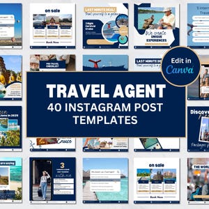 May include: A collage of 40 Instagram post templates for travel agents. The templates feature images of travel destinations, cruise ships, and people on vacation. The text on the templates includes phrases like "Last Minute Deals", "Honeymoon Destinations", "Discover New York", and "The World Awaits".