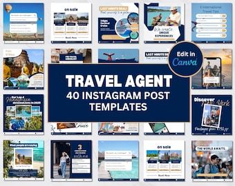 May include: A collage of 40 Instagram post templates for travel agents. The templates feature images of travel destinations, cruise ships, and people on vacation. The text on the templates includes phrases like "Last Minute Deals", "Honeymoon Destinations", "Discover New York", and "The World Awaits".