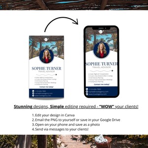 May include: A digital business card for a travel advisor named Sophie Turner. The card features a photo of Sophie, her contact information, and a list of services offered. The card is displayed on a smartphone screen.