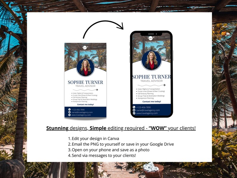 May include: A digital business card for a travel advisor named Sophie Turner. The card features a photo of Sophie, her contact information, and a list of services offered. The card is displayed on a smartphone screen.