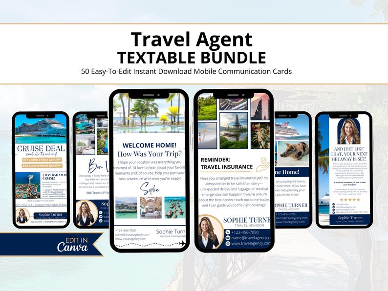 Travel Agent Client Communication Templates | Client Text Messages & Follow Up Message Bundle | Editable Canva Templates for Travel Agents image 1