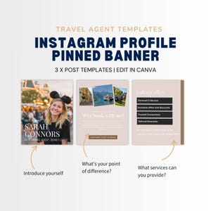 Może przedstawiać: Szablon marketingu cyfrowego dla agentów turystycznych. Projekt zawiera trzy szablony postów na Instagramie z tekstem "INSTAGRAM PROFILE PINNED BANNER" i "3 X POST TEMPLATES | EDIT IN CANVA". Szablony zawierają tekst "Hi! I am SARAH CONNORS, MOM TRAVEL AGENT, DISNEY LOVER".