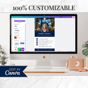 May include: A computer screen displaying a customizable travel agent business card template in Canva. The template features a photo of a woman, her name, title, contact information, and the text "Let's book your dream vacation!"