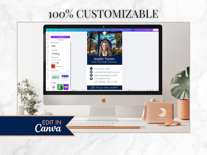 May include: A computer screen displaying a customizable travel agent business card template in Canva. The template features a photo of a woman, her name, title, contact information, and the text "Let's book your dream vacation!"