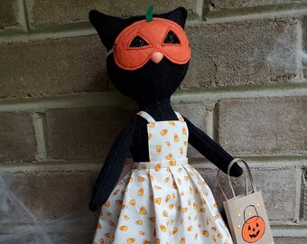 Candy Corn Black Cat Handmade Halloween Doll