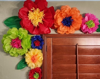 Flores e folhas de papel (conjunto de 7 flores), festa de aniversário estilo mexicana, painel de fotos com flores, decoração de festa de debutante, papel de seda colorido