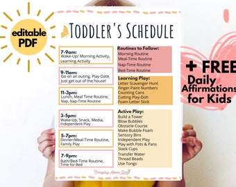 May include: A printable toddler's daily schedule with a yellow sun and a pink heart. The schedule includes a list of activities for each time slot, such as wake-up, meal time, nap time, play time, and bedtime. The schedule also includes a list of routines to follow, such as morning routine, meal-time routine, nap-time routine, and bedtime routine. The schedule also includes a list of learning play activities, such as letter scavenger hunt, finger-paint numbers, counting cans, cutting play-doh, and foam letter stick. The schedule also includes a list of active play activities, such as build a tower, blow bubbles, obstacle course, make bubble foam, sensory bins, independent play, play with pots and pans, stack cups, transfer water, thread beads, and use tongs. The schedule also includes a free daily affirmations for kids.