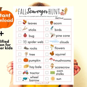 Puede incluir: Una lista imprimible de búsqueda del tesoro de otoño con ilustraciones de hojas, calabazas y otros elementos otoñales. El texto dice "Fall Scavenger Hunt" y "Instant Download + modified version for younger kids."