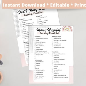 Liste de contrôle pour la sacoche d'hôpital Liste de contrôle pour le travail et l'accouchement à imprimer pour maman, bébé et papa