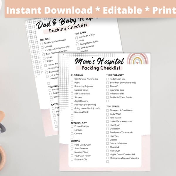 Hospital Bag Checklist Labor and Delivery Checklist Printable for Mom Baby & Dad