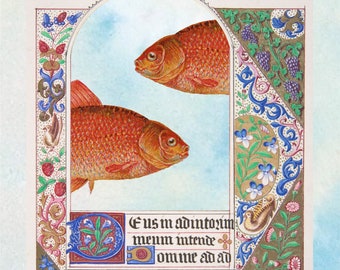 May include: A vintage illustration of two red fish swimming in a blue and white sky. The fish are surrounded by a decorative border of flowers, leaves, and vines. The text "Deus in adjutorium meum intende Domine ad ad" is written in black ink.
