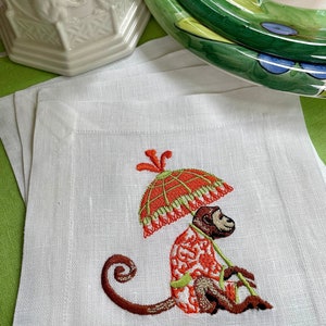 Chinoiserie Monkey Cocktail Napkins, Linen Monkey Napkins, Chinoiserie Napkins, Monkey and Parasol Napkins, Hostess Gift, Set of 4