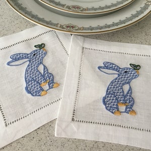 Blue Herend Inspired Bunny Butterfly Embroidered Cocktail Napkins, Party Napkins, Hostess Housewarming, Blue Bunny, Set of 4 image 5