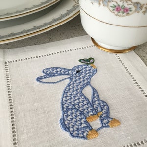 Blue Herend Inspired Bunny Butterfly Embroidered Cocktail Napkins, Party Napkins, Hostess Housewarming, Blue Bunny, Set of 4 image 8