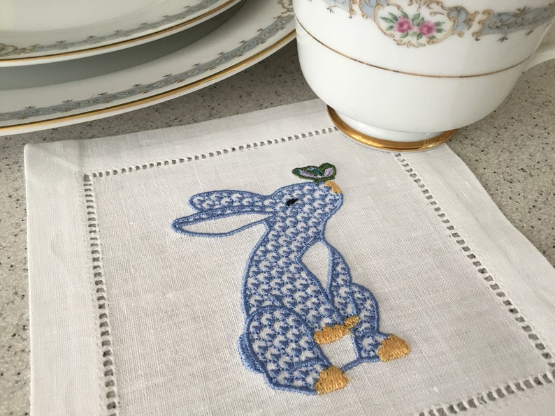 Blue Herend Inspired Bunny Butterfly Embroidered Cocktail Napkins, Party Napkins, Hostess Housewarming, Blue Bunny, Set of 4 image 8