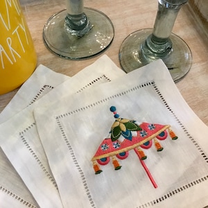 Embroidered Tassel Umbrella Cocktail Napkins: Chinoiserie Linen, Set of 4