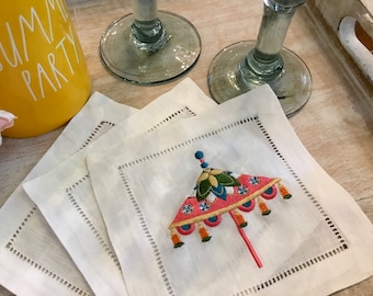 Embroidered Tassel Umbrella Cocktail Napkins: Chinoiserie Linen, Set of 4