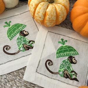 Chinoiserie Monkey Linen Napkins: Bar Cart Decor, Set of Four