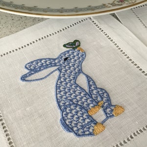 Blue Herend Inspired Bunny Butterfly Embroidered Cocktail Napkins, Party Napkins, Hostess Housewarming, Blue Bunny, Set of 4 image 2