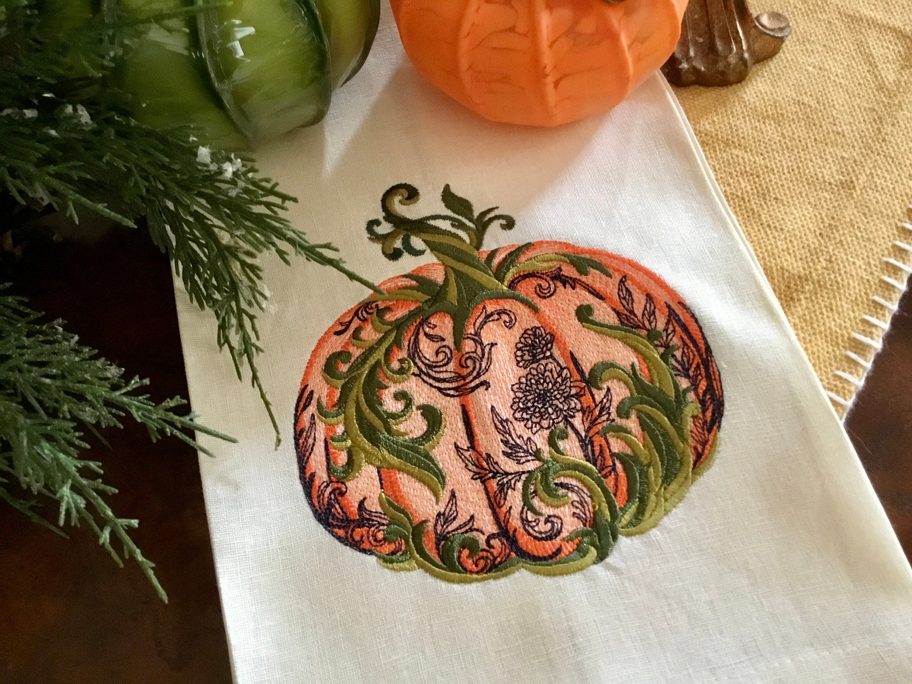 Fancy Pumpkin Orange Blue Tea Towel Autumn Fall Linen Embroidered