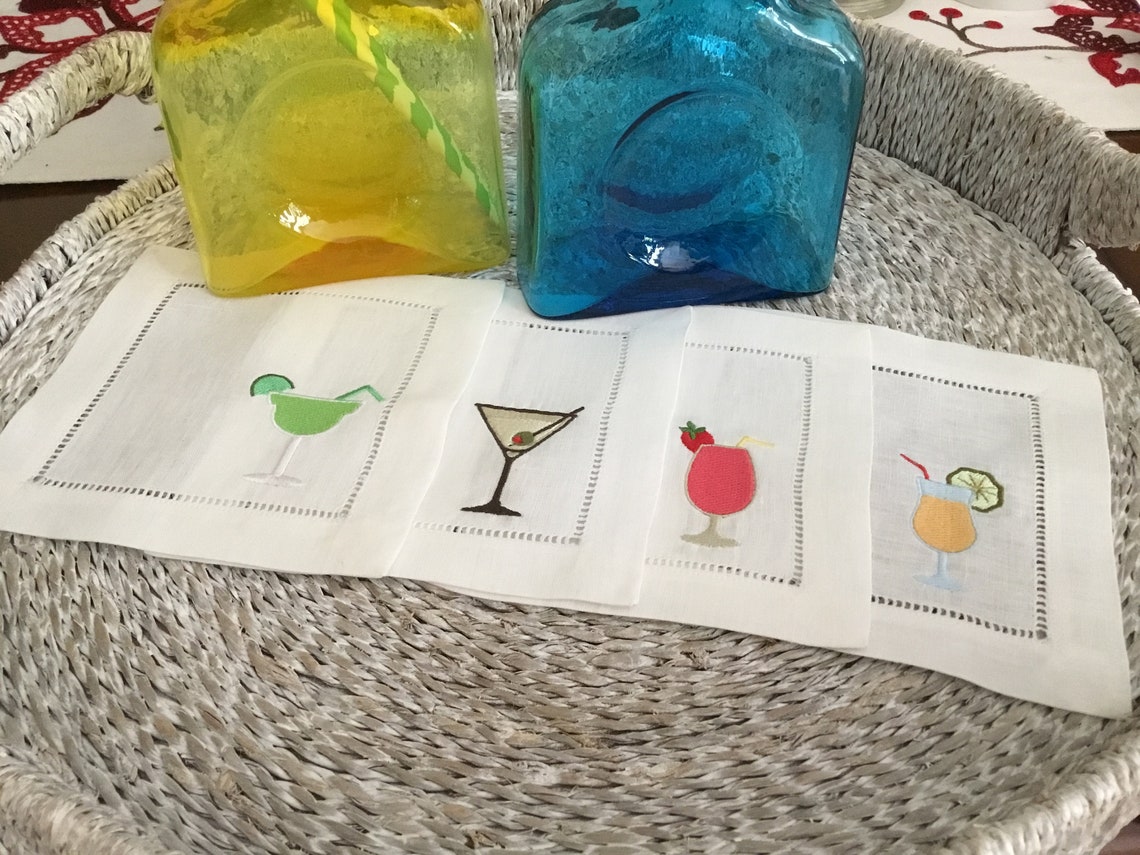 Cocktail Drink Napkins Happy Hour Napkins Embroidered Etsy