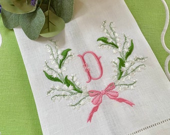 Embroidered Hemstitched Tea Towel, Embroidered Monogram Tea Towel, Lily of the Valley Linen Monogrammed Towel