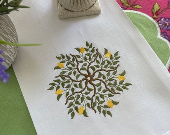 Lemon Wreath Linen Embroidered Towel, Lemon Wreath Embroidery, Hand Tailored Linen Towel, Guest Towel, Kitchen Towel, Spring Towels