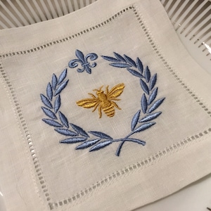 French Bee Laurel Wreath Linen Embroidered Cocktail Napkins, Linen Napkins, Party Beverage Napkins, Hostess Gift Set, Wedding Gift, Set of 4