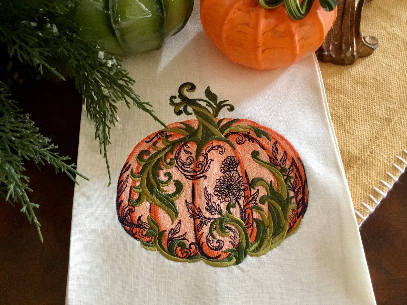 Fancy Pumpkin Orange Blue Tea Towel Autumn Fall Linen Embroidered