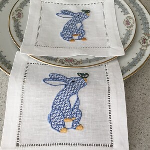 Blue Herend Inspired Bunny Butterfly Embroidered Cocktail Napkins, Party Napkins, Hostess Housewarming, Blue Bunny, Set of 4 image 9