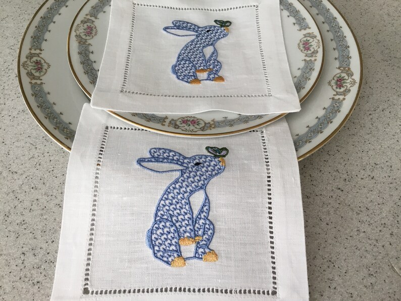 Blue Herend Inspired Bunny Butterfly Embroidered Cocktail Napkins, Party Napkins, Hostess Housewarming, Blue Bunny, Set of 4 image 9